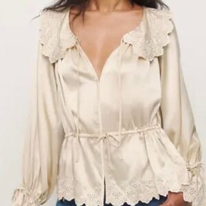 Reformation Cream Satin Lace-Trim Drawstring Blouse